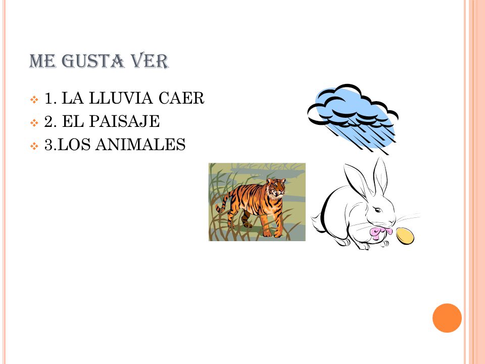 ME GUSTA VER 1. LA LLUVIA CAER 2. EL PAISAJE 3.LOS ANIMALES