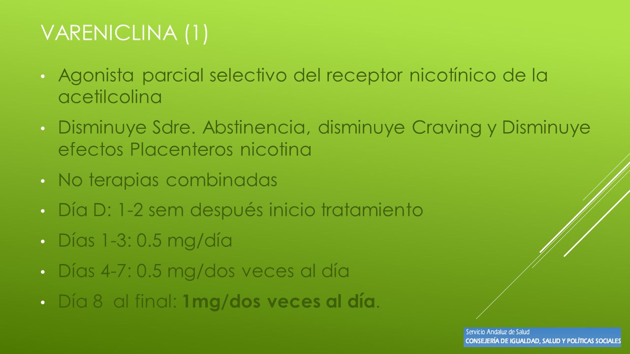 VARENICLINA (1) Agonista parcial selectivo del receptor nicotínico de la acetilcolina.