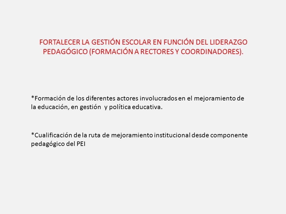 FORTALECER LA GESTIÓN ESCOLAR EN FUNCIÓN DEL LIDERAZGO PEDAGÓGICO (FORMACIÓN A RECTORES Y COORDINADORES).