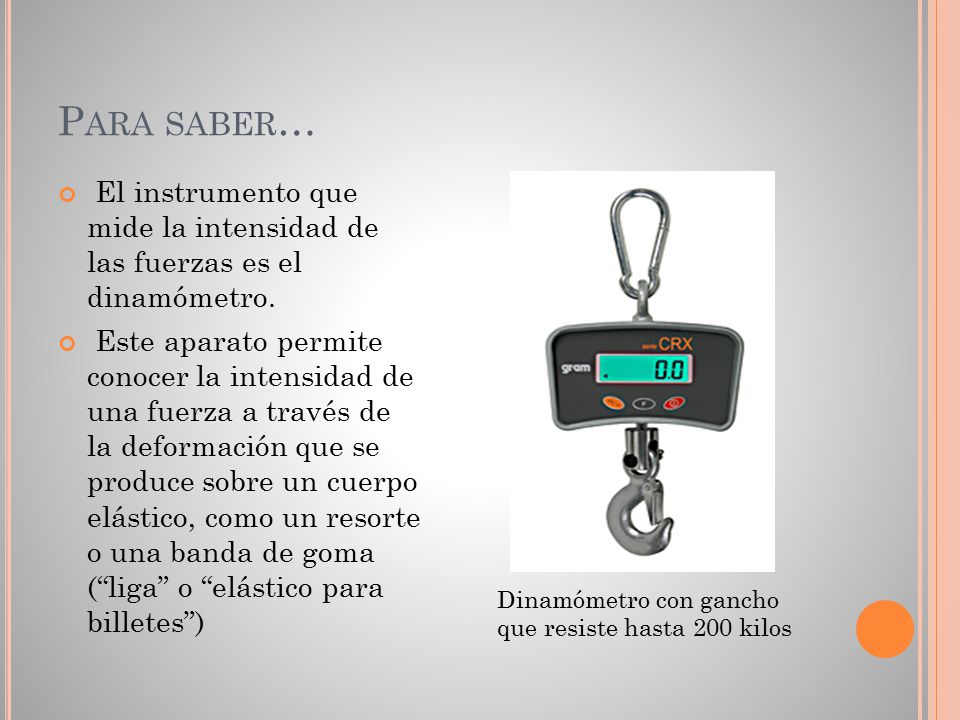 Para saber… El instrumento que mide la intensidad de las fuerzas es el dinamómetro.