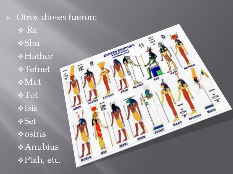 Otros dioses fueron: Ra Shu Hathor Tefnet Mut Tot Isis Set osiris Anubius Ptah, etc.
