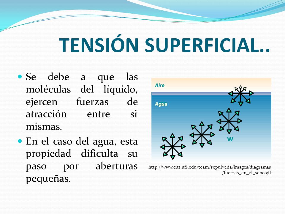 TENSIÓN SUPERFICIAL.. Se debe a que las moléculas del líquido, ejercen fuerzas de atracción entre si mismas.