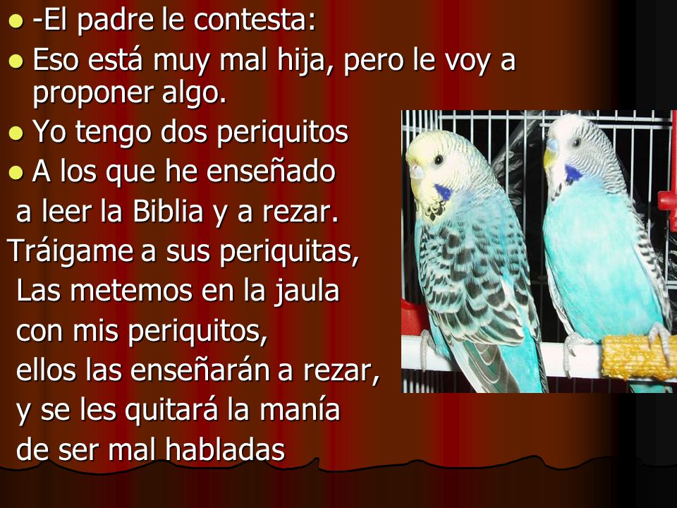 -El padre le contesta: Eso está muy mal hija, pero le voy a proponer algo. Yo tengo dos periquitos.
