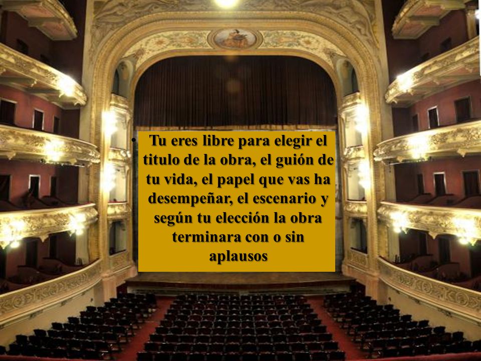 Tu eres libre para elegir el titulo de la obra, el guión de tu vida, el papel que vas ha desempeñar, el escenario y según tu elección la obra terminara con o sin aplausos