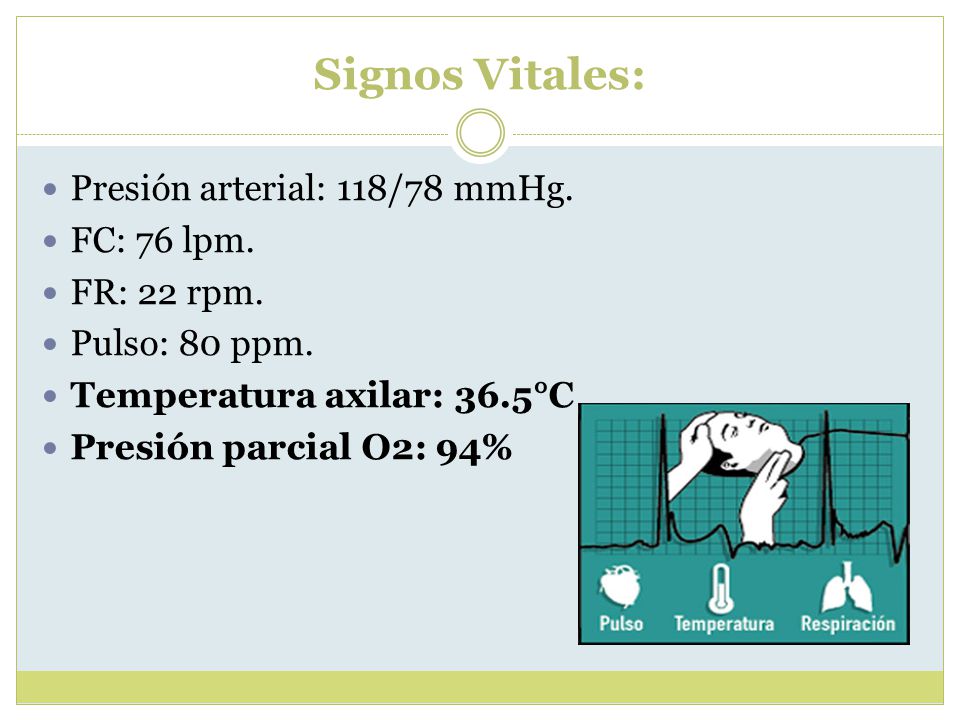 Signos Vitales: Presión arterial: 118/78 mmHg. FC: 76 lpm. FR: 22 rpm.
