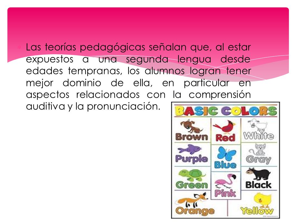 Las teorías pedagógicas señalan que, al estar expuestos a una segunda lengua desde edades tempranas, los alumnos logran tener mejor dominio de ella, en particular en aspectos relacionados con la comprensión auditiva y la pronunciación.