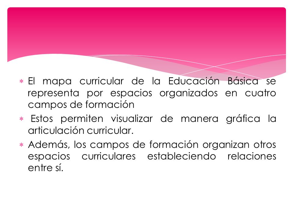 El mapa curricular de la Educación Básica se representa por espacios organizados en cuatro campos de formación