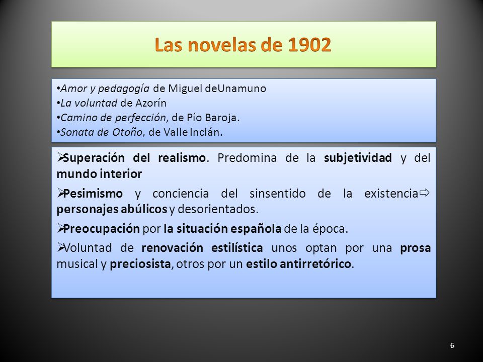 Las novelas de 1902 Amor y pedagogía de Miguel deUnamuno. La voluntad de Azorín. Camino de perfección, de Pío Baroja.