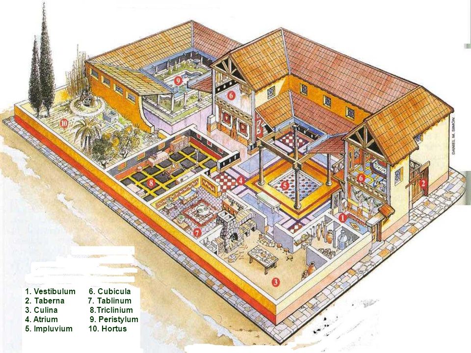 1. Vestibulum 6. Cubicula 2. Taberna 7. Tablinum. 3. Culina 8.Triclinium. 4. Atrium 9. Peristylum.