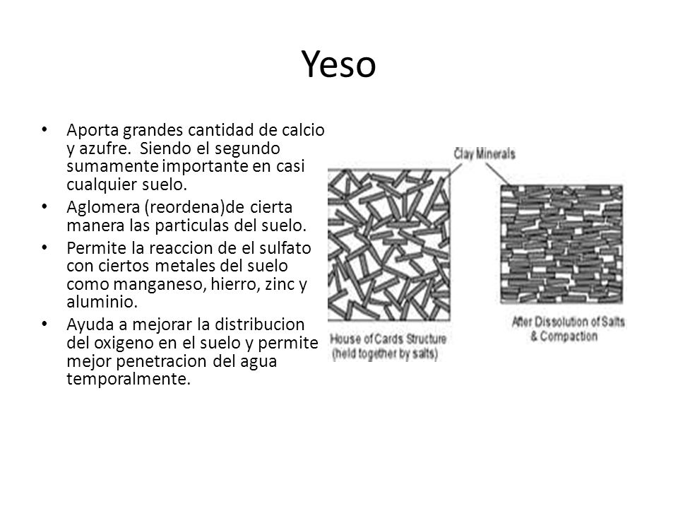 Yeso Aporta grandes cantidad de calcio y azufre. Siendo el segundo sumamente importante en casi cualquier suelo.