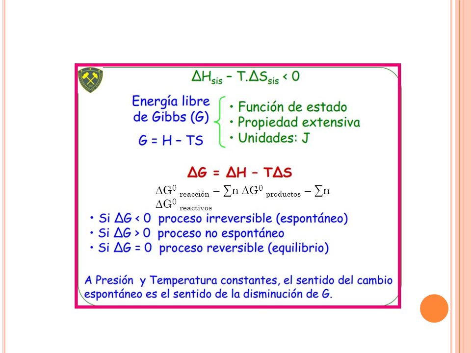 ∆G0 reacción = ∑n ∆G0 productos – ∑n ∆G0 reactivos