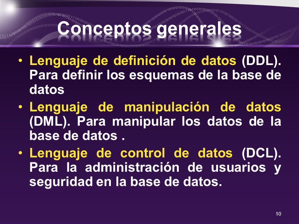 Conceptos generales Lenguaje de definición de datos (DDL). Para definir los esquemas de la base de datos.