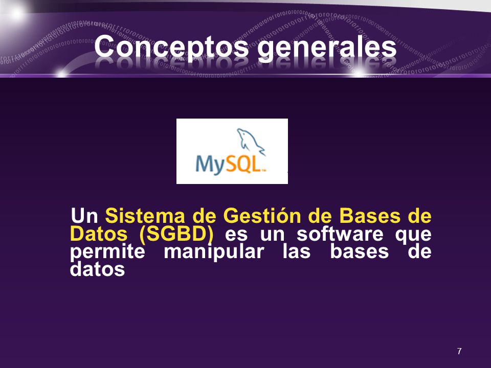 Conceptos generales Un Sistema de Gestión de Bases de Datos (SGBD) es un software que permite manipular las bases de datos.