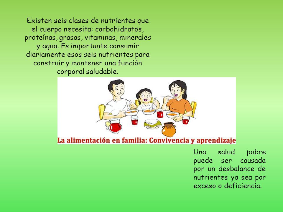 Existen seis clases de nutrientes que el cuerpo necesita: carbohidratos, proteínas, grasas, vitaminas, minerales y agua. Es importante consumir diariamente esos seis nutrientes para construir y mantener una función corporal saludable.