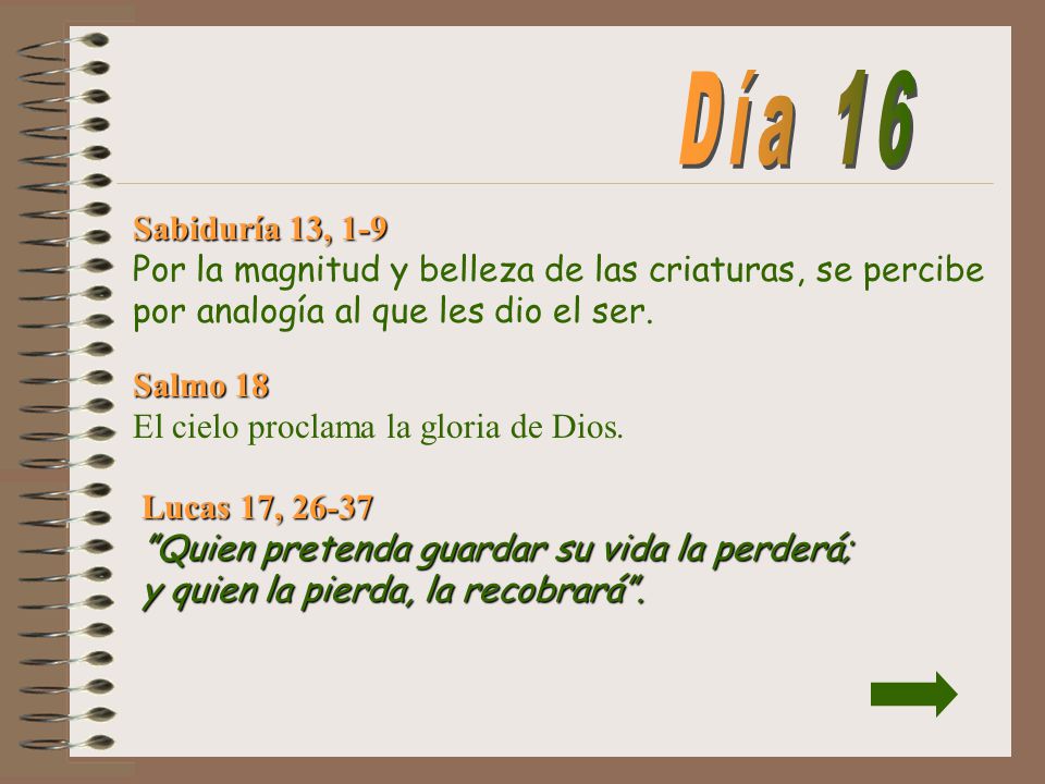 Día 16 Sabiduría 13, 1-9 Por la magnitud y belleza de las criaturas, se percibe por analogía al que les dio el ser.