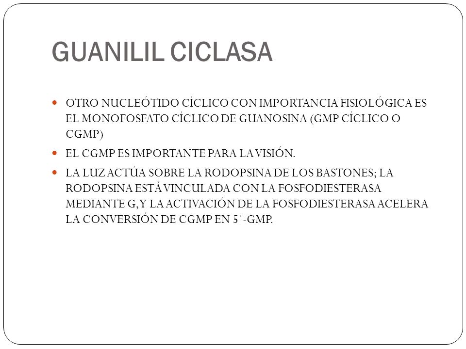GUANILIL CICLASA OTRO NUCLEÓTIDO CÍCLICO CON IMPORTANCIA FISIOLÓGICA ES EL MONOFOSFATO CÍCLICO DE GUANOSINA (GMP CÍCLICO O CGMP)