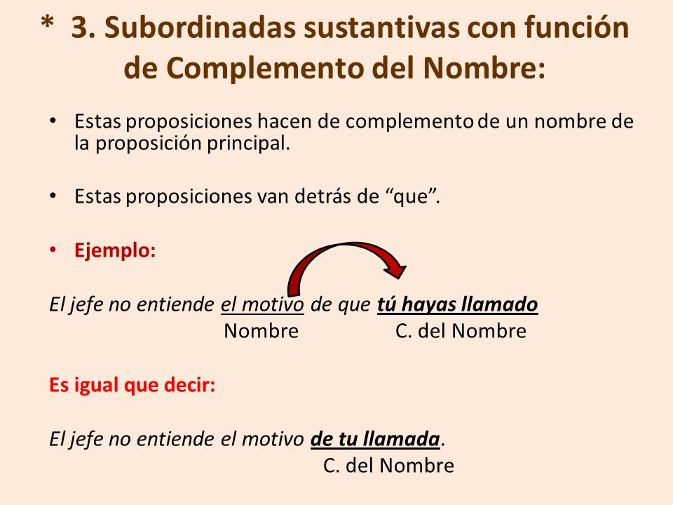 * 3. Subordinadas sustantivas con función de Complemento del Nombre: