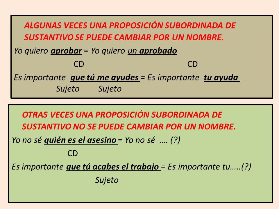 ALGUNAS VECES UNA PROPOSICIÓN SUBORDINADA DE SUSTANTIVO SE PUEDE CAMBIAR POR UN NOMBRE.