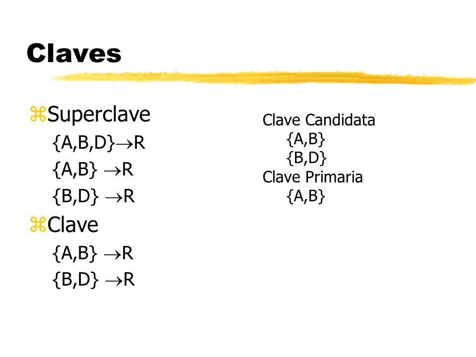 Claves Superclave Clave {A,B,D}R {A,B} R {B,D} R Clave Candidata