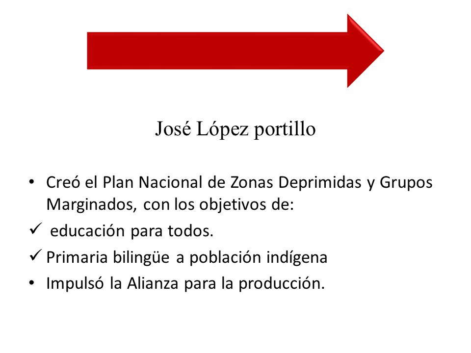 José López portillo Creó el Plan Nacional de Zonas Deprimidas y Grupos Marginados, con los objetivos de: