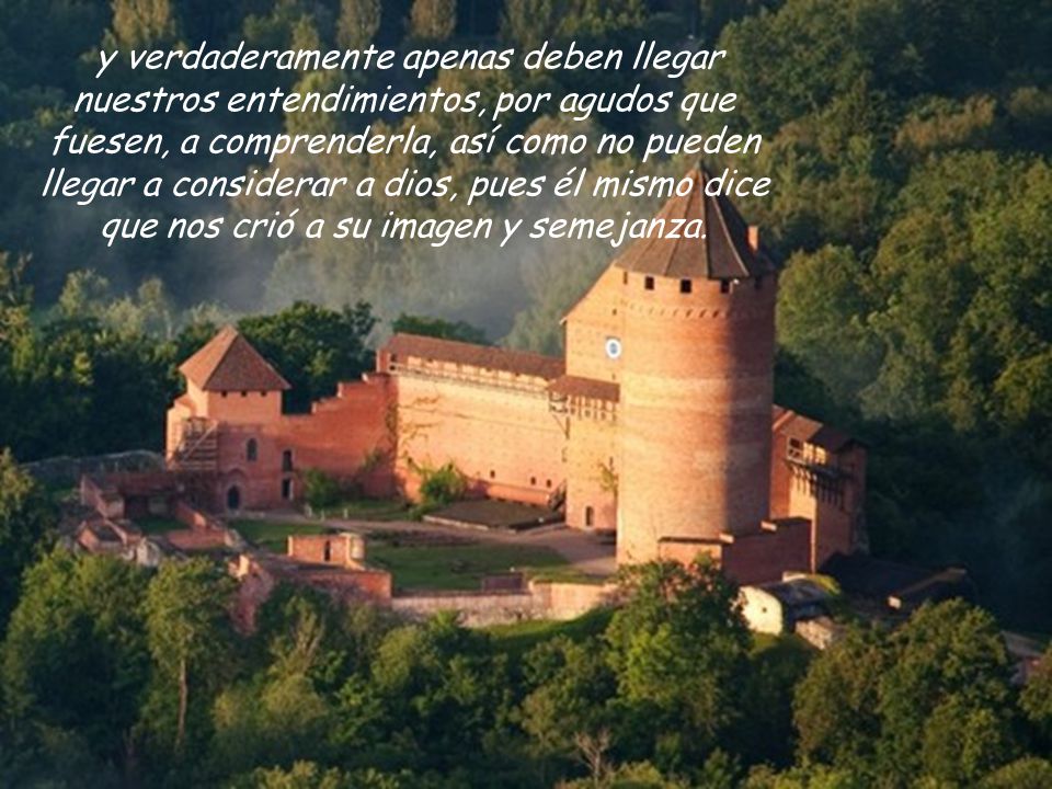 y verdaderamente apenas deben llegar nuestros entendimientos, por agudos que fuesen, a comprenderla, así como no pueden llegar a considerar a dios, pues él mismo dice que nos crió a su imagen y semejanza.