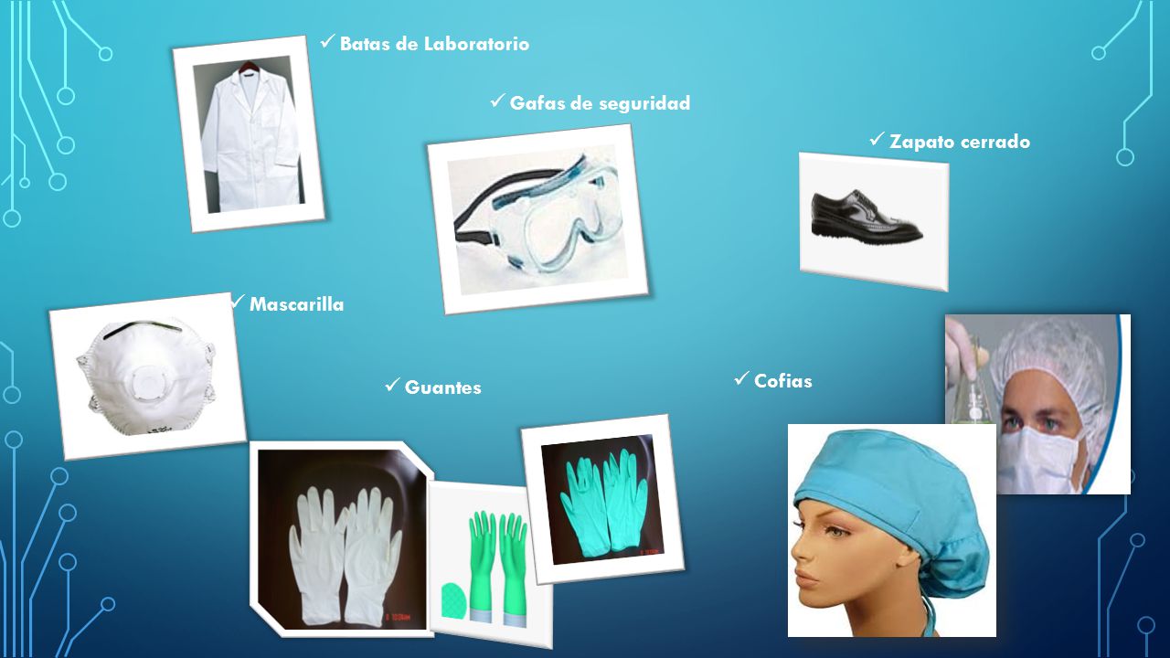 Batas de Laboratorio Gafas de seguridad Zapato cerrado Mascarilla Cofias Guantes