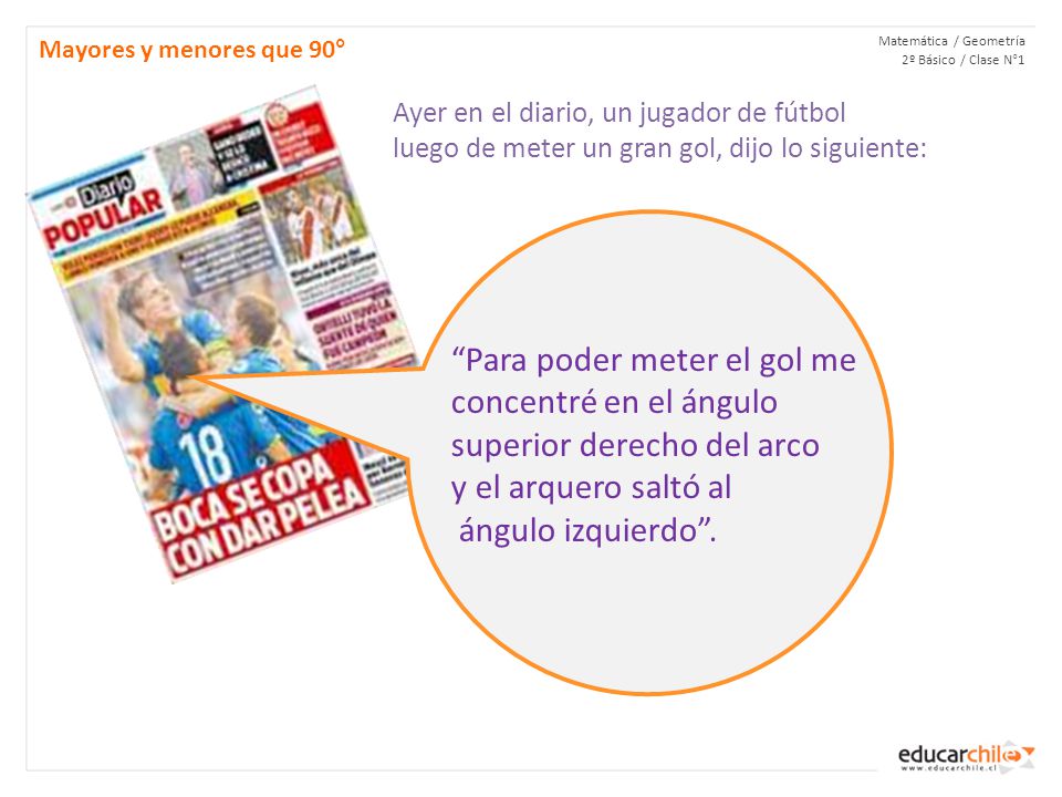 Mayores y menores que 90° Matemática / Geometría 2º Básico / Clase N°1. Ayer en el diario, un jugador de fútbol.