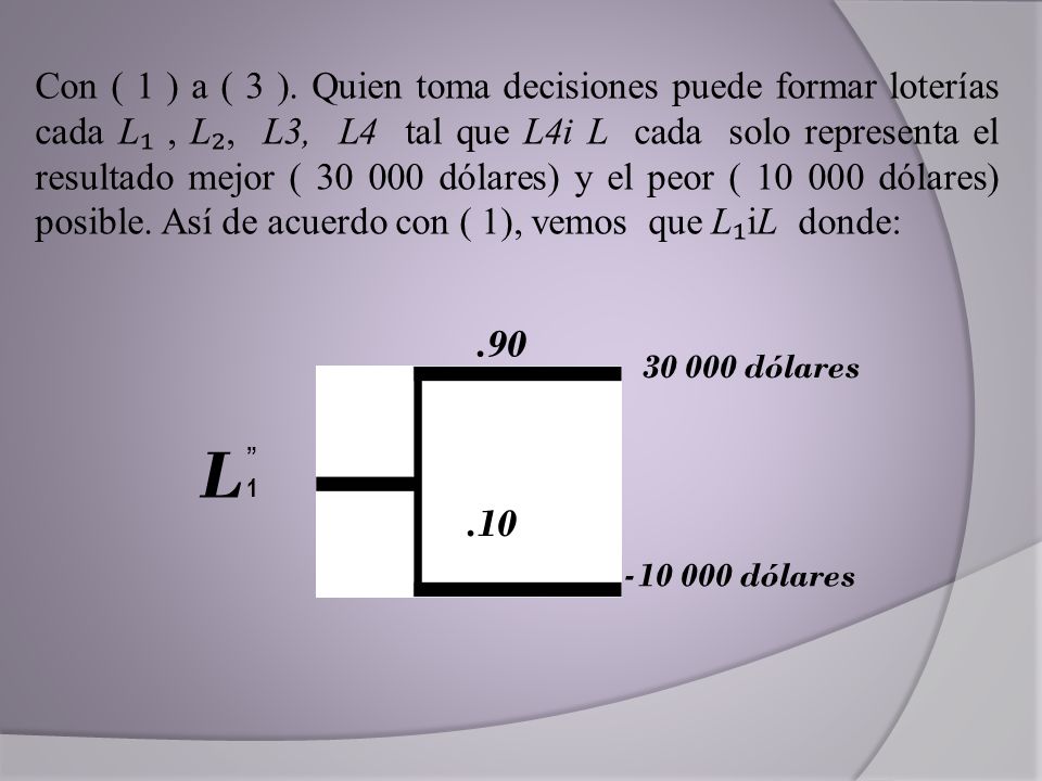 Con ( 1 ) a ( 3 ). Quien toma decisiones puede formar loterías cada L₁ , L₂, L3, L4 tal que L4i L cada solo representa el resultado mejor ( dólares) y el peor ( dólares) posible. Así de acuerdo con ( 1), vemos que L₁iL donde: