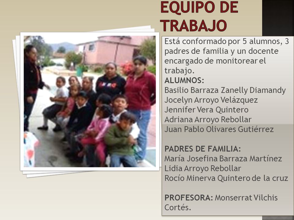 Equipo de trabajo Está conformado por 5 alumnos, 3 padres de familia y un docente encargado de monitorear el trabajo.