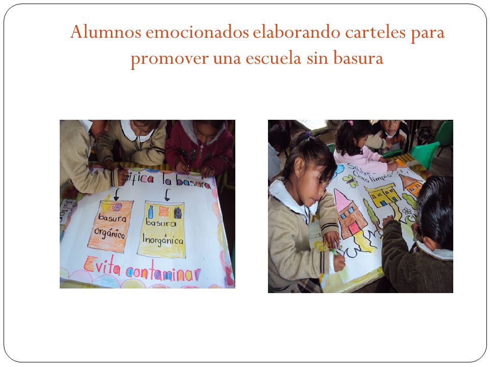 Alumnos emocionados elaborando carteles para promover una escuela sin basura
