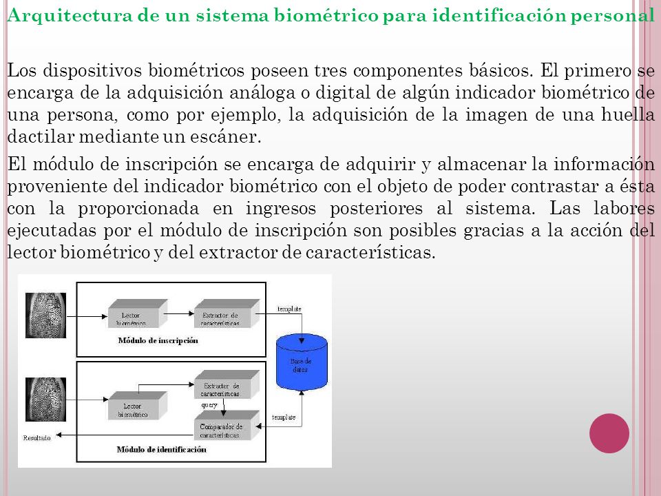 Arquitectura de un sistema biométrico para identificación personal Los dispositivos biométricos poseen tres componentes básicos.
