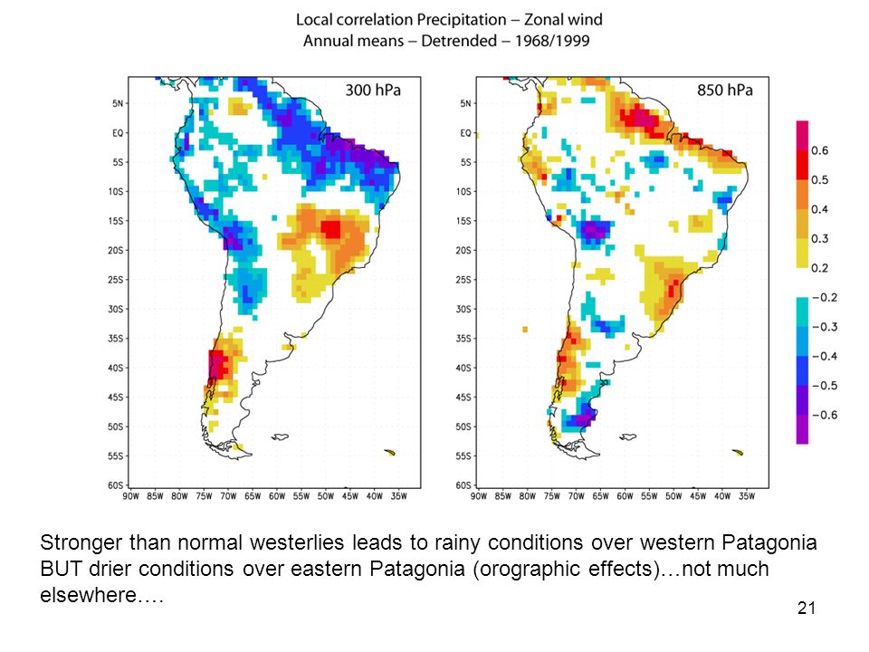 Stronger than normal westerlies leads to rainy conditions over western Patagonia BUT drier conditions over eastern Patagonia (orographic effects)…not much elsewhere….