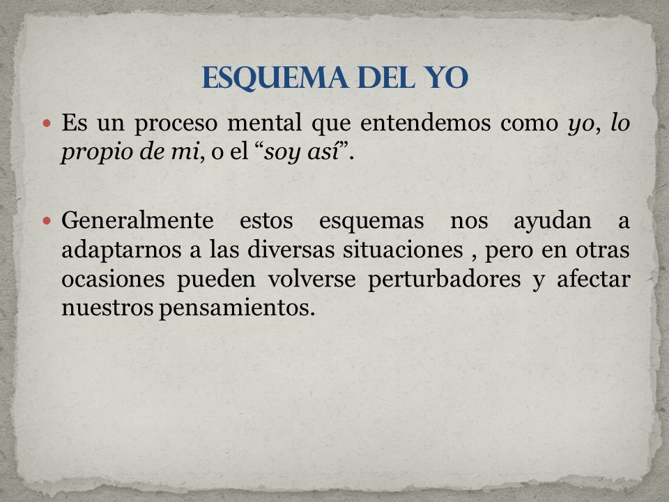 Esquema del yo Es un proceso mental que entendemos como yo, lo propio de mi, o el soy así .
