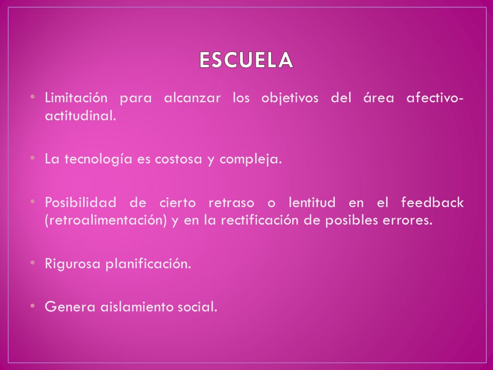 ESCUELA Limitación para alcanzar los objetivos del área afectivo-actitudinal. La tecnología es costosa y compleja.