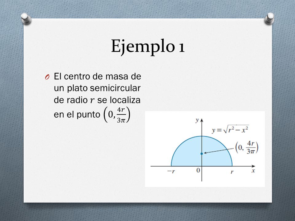 Ejemplo 1 El centro de masa de un plato semicircular de radio 𝑟 se localiza en el punto 0, 4𝑟 3𝜋