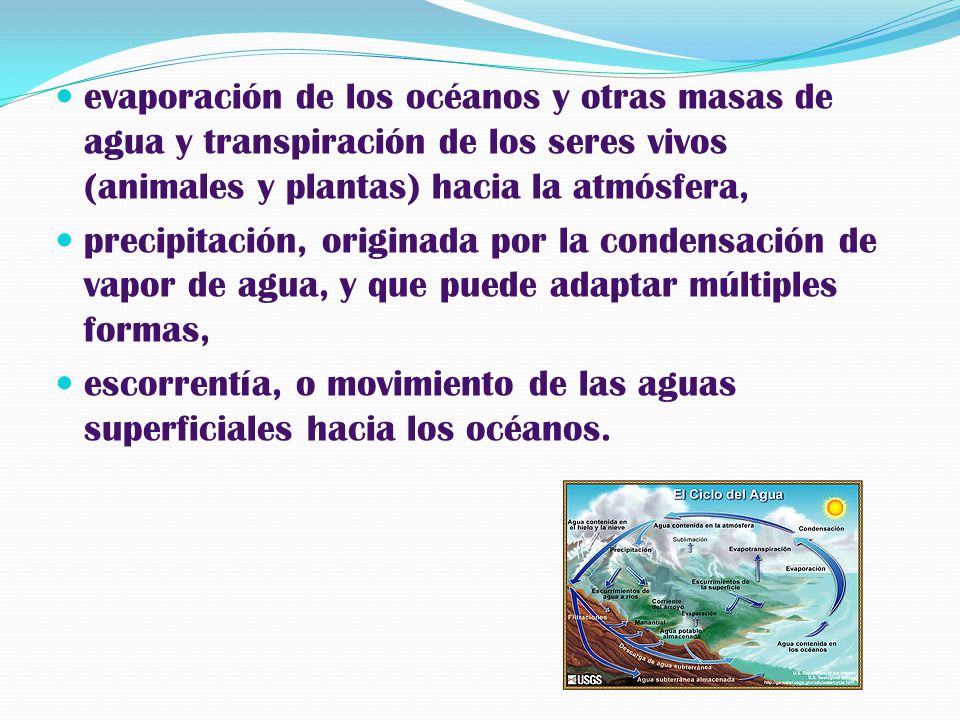 evaporación de los océanos y otras masas de agua y transpiración de los seres vivos (animales y plantas) hacia la atmósfera,
