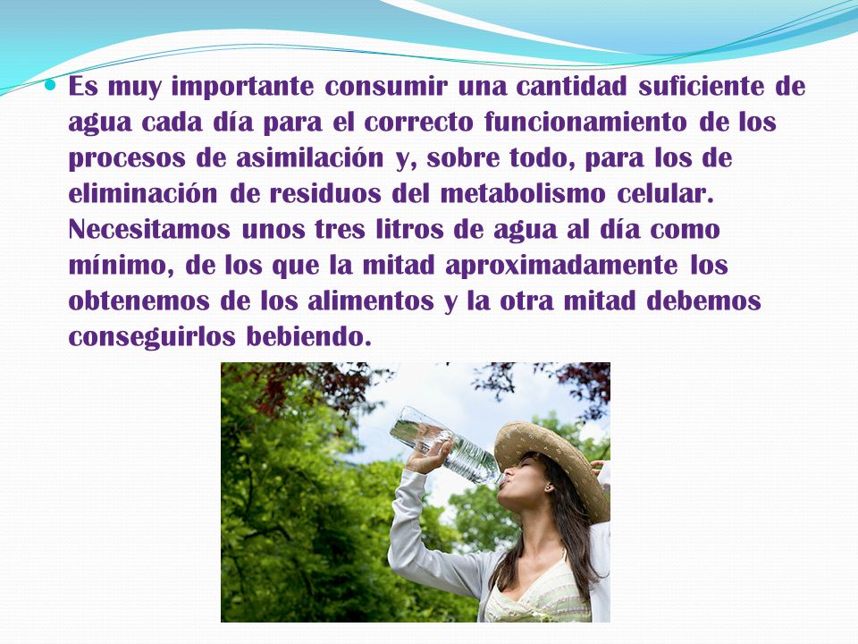 Es muy importante consumir una cantidad suficiente de agua cada día para el correcto funcionamiento de los procesos de asimilación y, sobre todo, para los de eliminación de residuos del metabolismo celular.