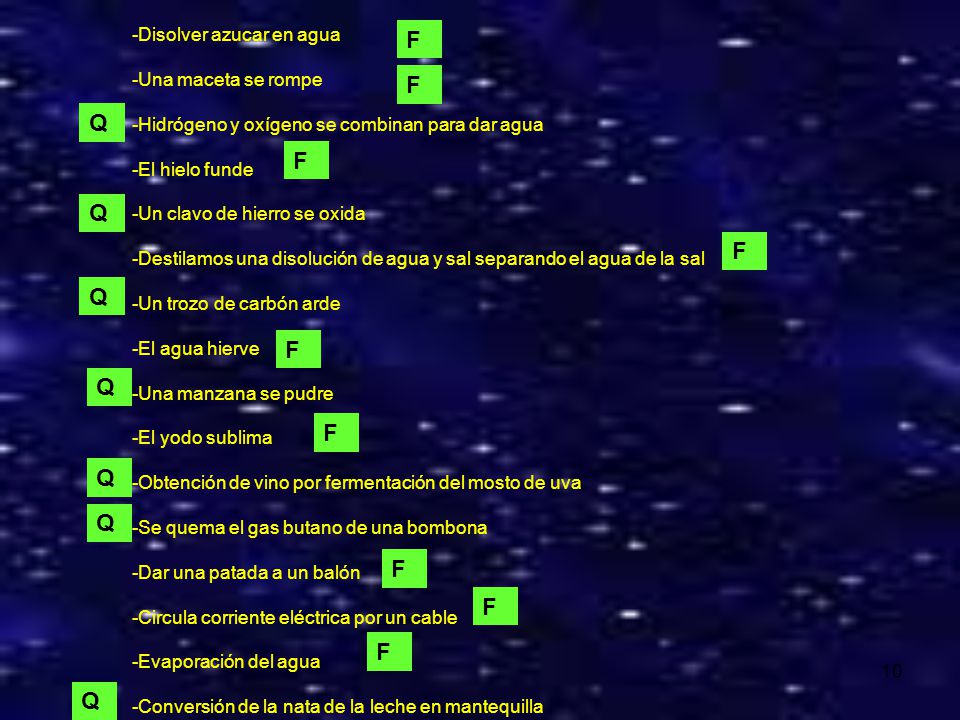 F F Q F Q F Q F Q F Q Q F F F Q -Disolver azucar en agua