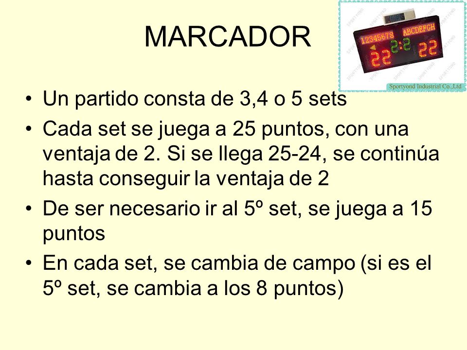 MARCADOR Un partido consta de 3,4 o 5 sets