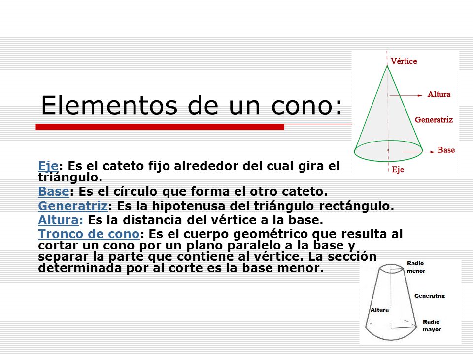 Elementos de un cono: Eje: Es el cateto fijo alrededor del cual gira el triángulo. Base: Es el círculo que forma el otro cateto.