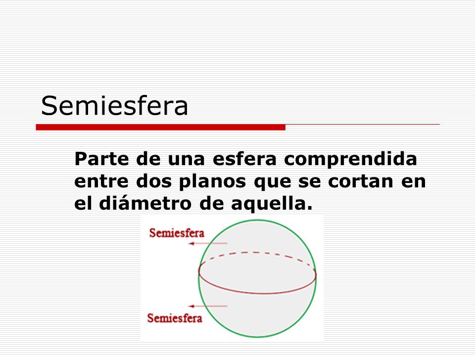 Semiesfera Parte de una esfera comprendida entre dos planos que se cortan en el diámetro de aquella.