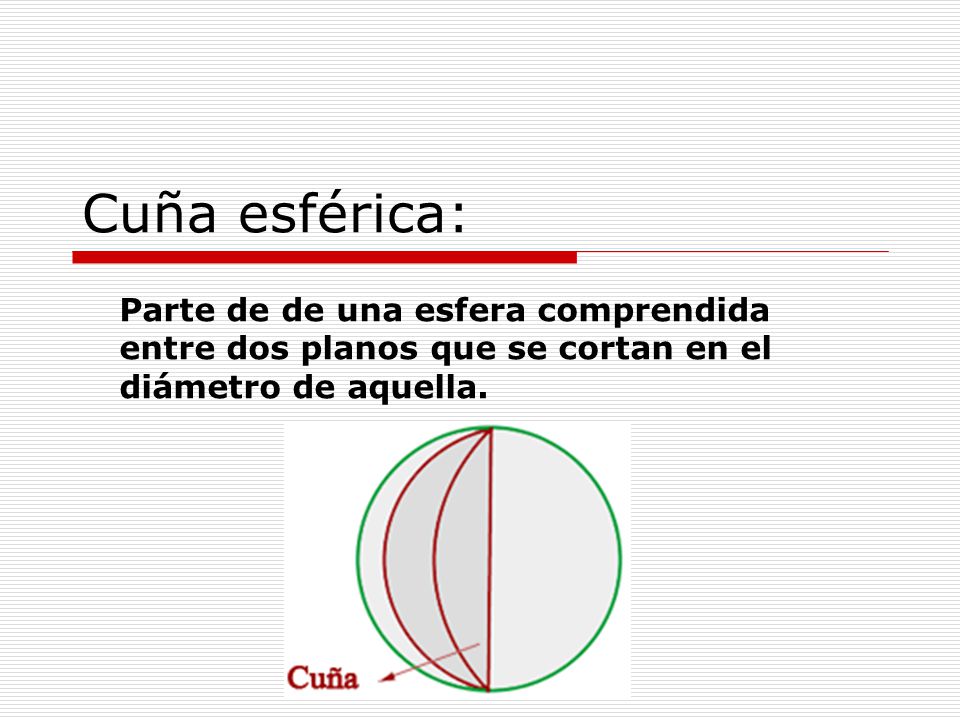 Cuña esférica: Parte de de una esfera comprendida entre dos planos que se cortan en el diámetro de aquella.