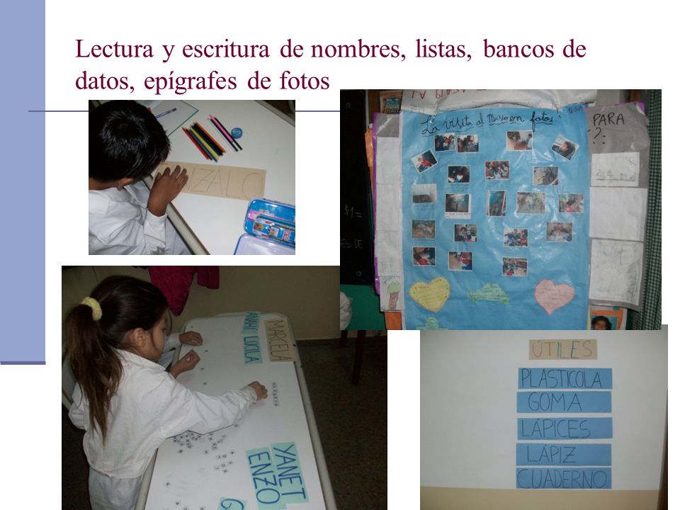 Lectura y escritura de nombres, listas, bancos de datos, epígrafes de fotos
