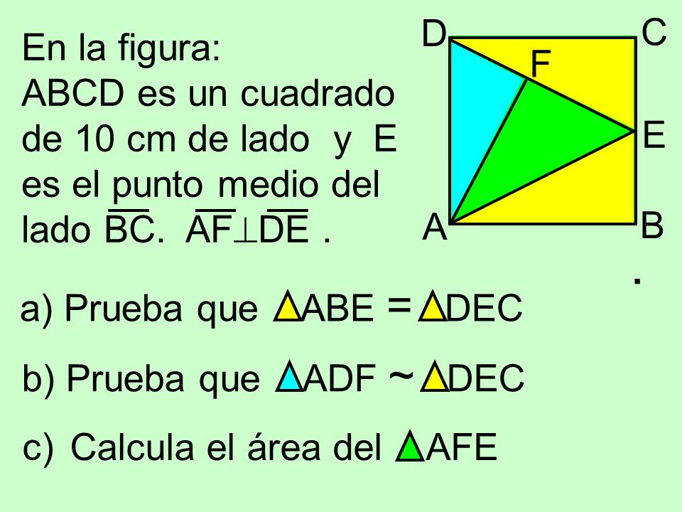 D C. B. A. E. F. En la figura: ABCD es un cuadrado. de 10 cm de lado y E es el punto medio del lado BC. AFDE .