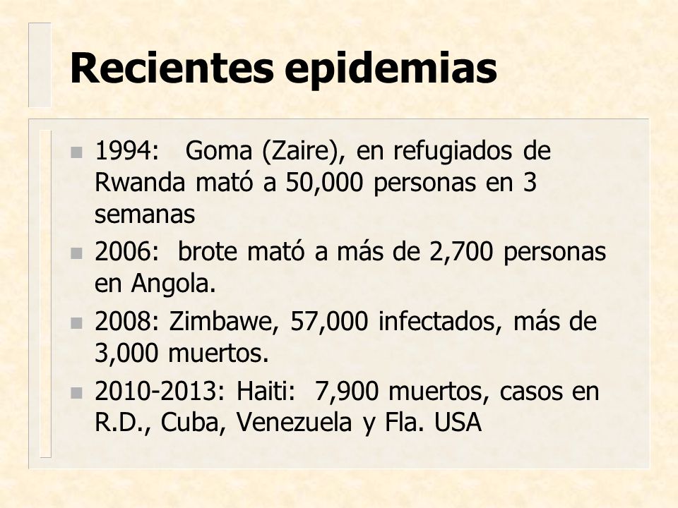 Recientes epidemias 1994: Goma (Zaire), en refugiados de Rwanda mató a 50,000 personas en 3 semanas.