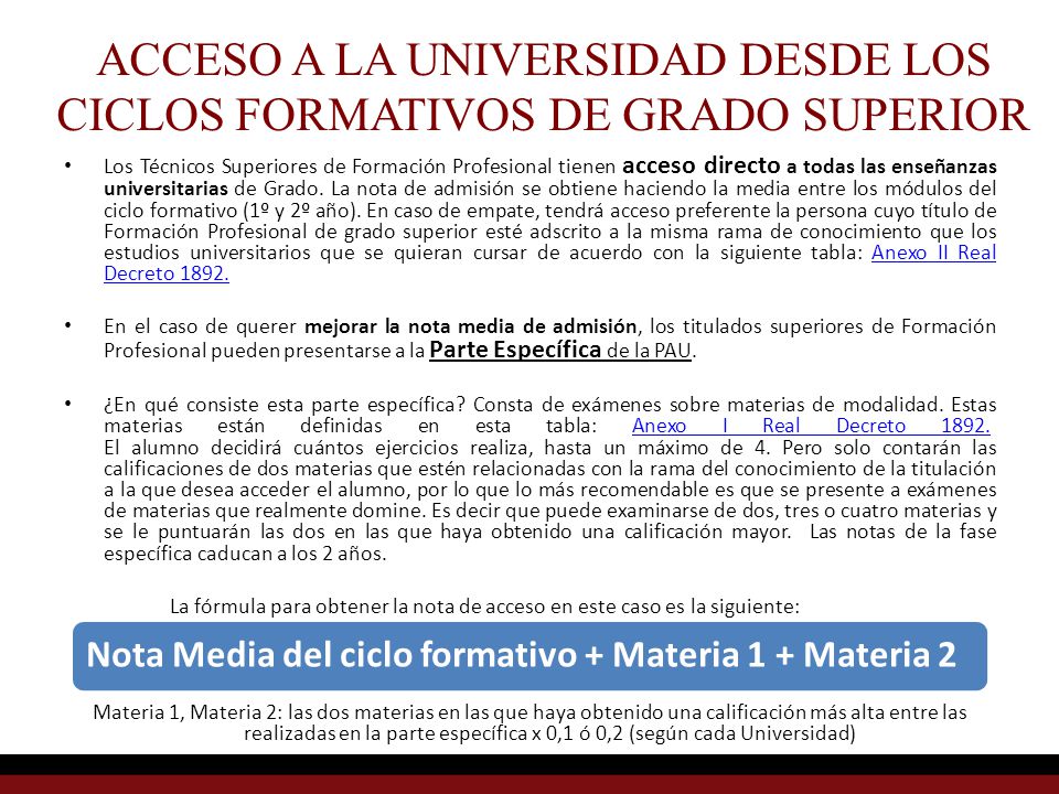 ACCESO A LA UNIVERSIDAD DESDE LOS CICLOS FORMATIVOS DE GRADO SUPERIOR