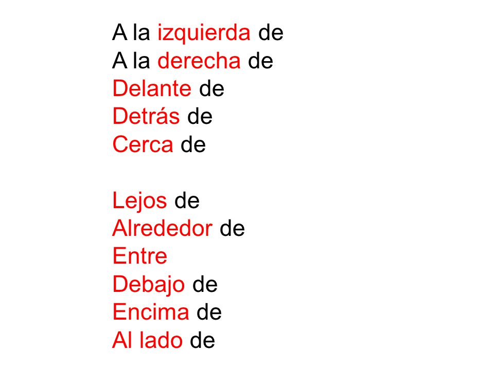 A la izquierda de A la derecha de Delante de Detrás de Cerca de Lejos de Alrededor de Entre Debajo de Encima de Al lado de