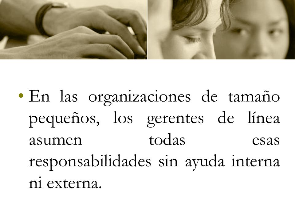 En las organizaciones de tamaño pequeños, los gerentes de línea asumen todas esas responsabilidades sin ayuda interna ni externa.