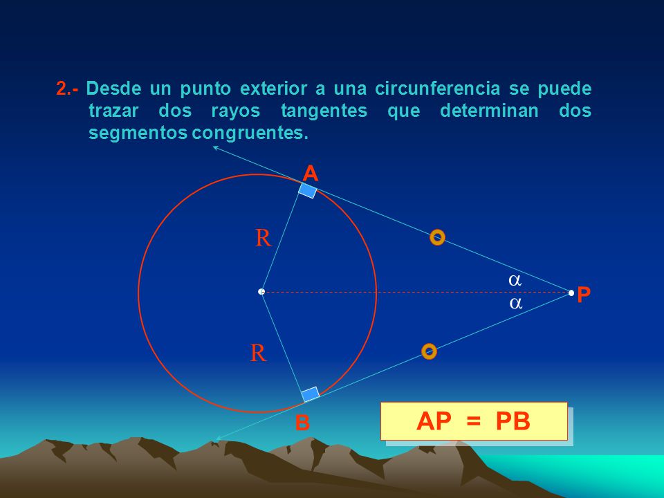 2.- Desde un punto exterior a una circunferencia se puede trazar dos rayos tangentes que determinan dos segmentos congruentes.