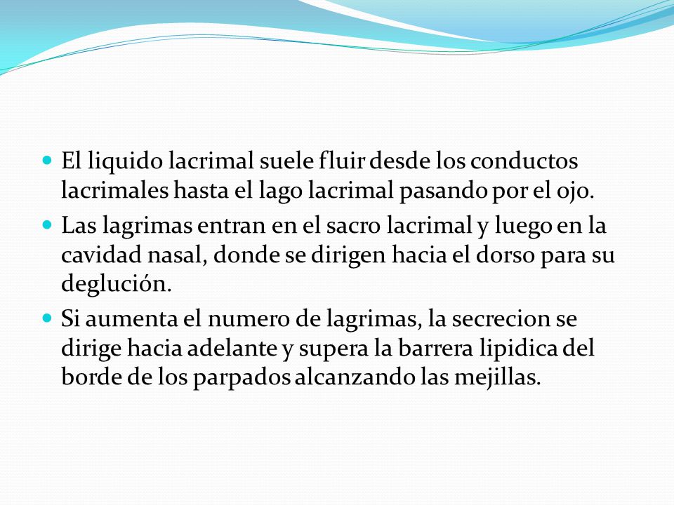 El liquido lacrimal suele fluir desde los conductos lacrimales hasta el lago lacrimal pasando por el ojo.